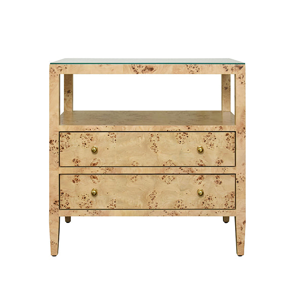 Worlds Away - Two Drawer Side Table With Open Top Shelf In Burl Wood With Polished Brass Knobs - DOUGLAS BW - GreatFurnitureDeal