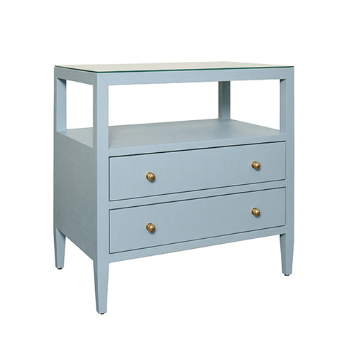 Worlds Away - Two Drawer Side Table With Open Top Shelf In Textured Light Blue Linen With Polished Brass Knobs - DOUGLAS LB - GreatFurnitureDeal