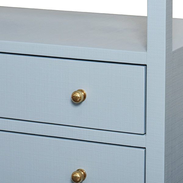 Worlds Away - Two Drawer Side Table With Open Top Shelf In Textured Light Blue Linen With Polished Brass Knobs - DOUGLAS LB - GreatFurnitureDeal