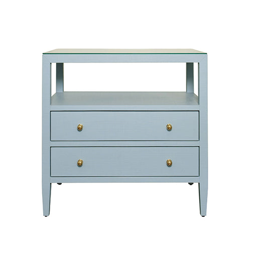 Worlds Away - Two Drawer Side Table With Open Top Shelf In Textured Light Blue Linen With Polished Brass Knobs - DOUGLAS LB - GreatFurnitureDeal