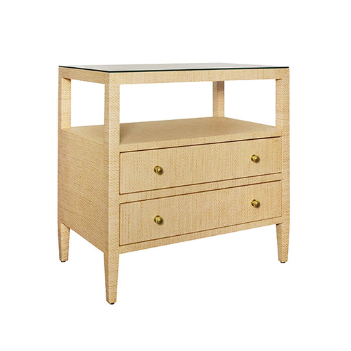 Worlds Away - Two Drawer Side Table With Open Top Shelf In Natural Grasscloth With Polished Brass Knobs - DOUGLAS NAT - GreatFurnitureDeal