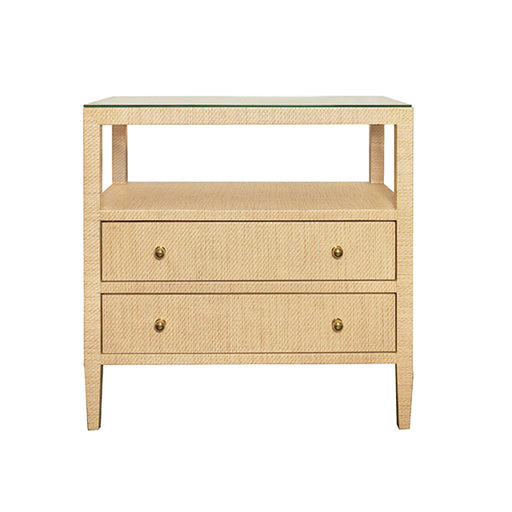 Worlds Away - Two Drawer Side Table With Open Top Shelf In Natural Grasscloth With Polished Brass Knobs - DOUGLAS NAT - GreatFurnitureDeal