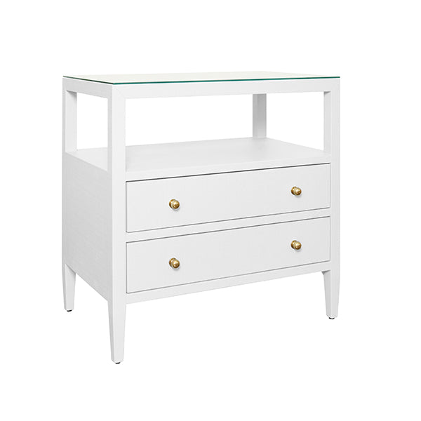 Worlds Away - Two Drawer Side Table With Open Top Shelf In Textured White Linen With Polished Brass Knobs - DOUGLAS WH - GreatFurnitureDeal