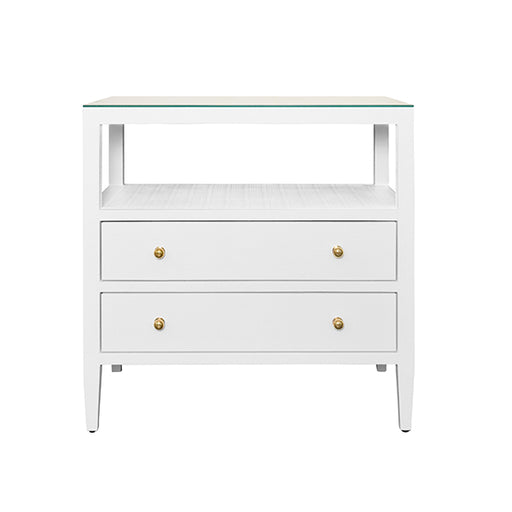 Worlds Away - Two Drawer Side Table With Open Top Shelf In Textured White Linen With Polished Brass Knobs - DOUGLAS WH - GreatFurnitureDeal