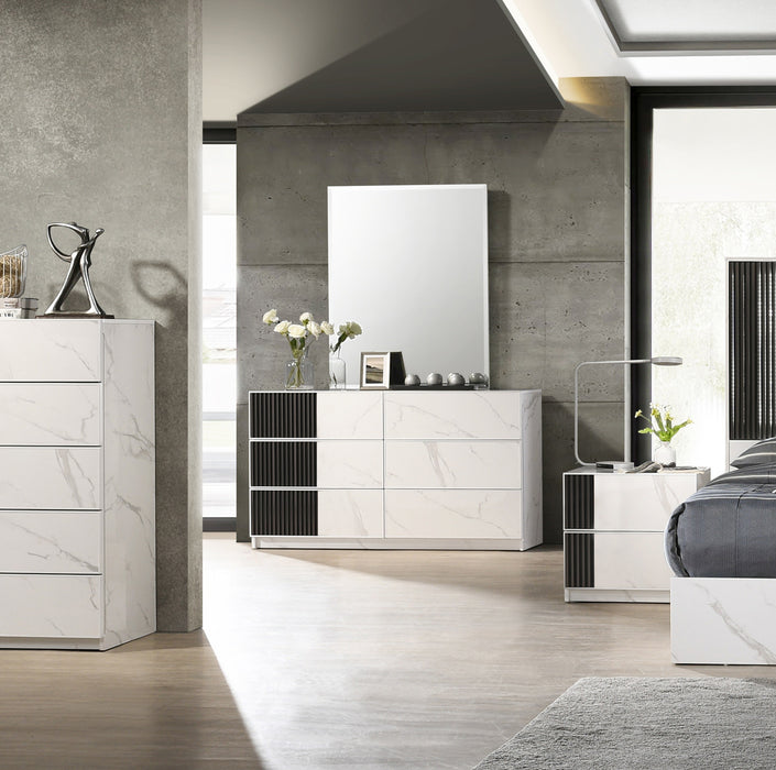white and silver dresser set Eden White and Silver LED Upholstered King Size 7 pc. Bedroom Set