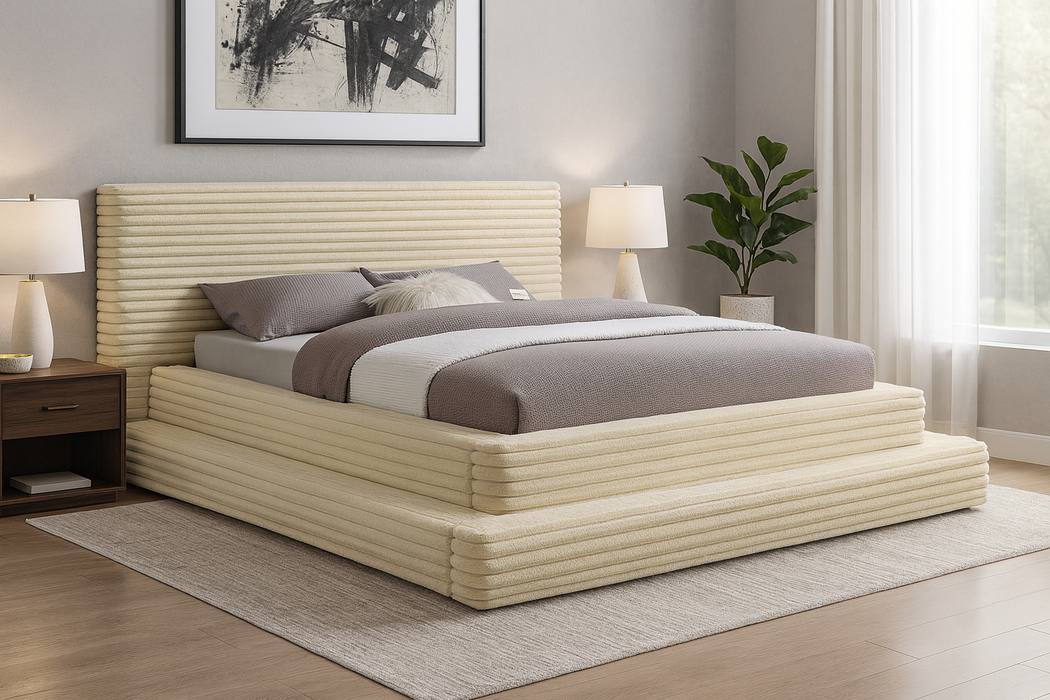 Meridian Furniture - Drew Cream Corduroy Fabric Upholstered Full Bed (3 Boxes) - DrewCream-F - GreatFurnitureDeal