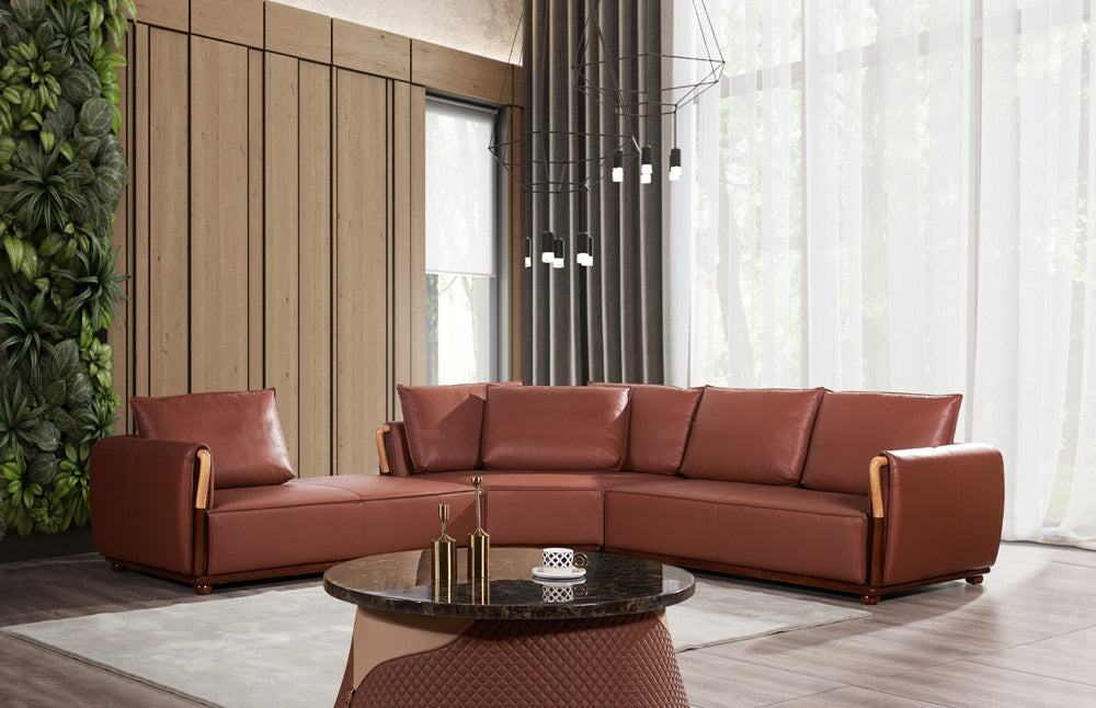 European Furniture - Skyline Sectional Russet Brown Italian Leather - EF-26662