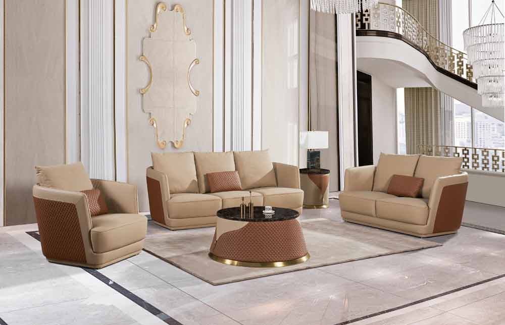 European Furniture - Glamour Sofa Set Tan & Brown Italian Leather - EF-51617