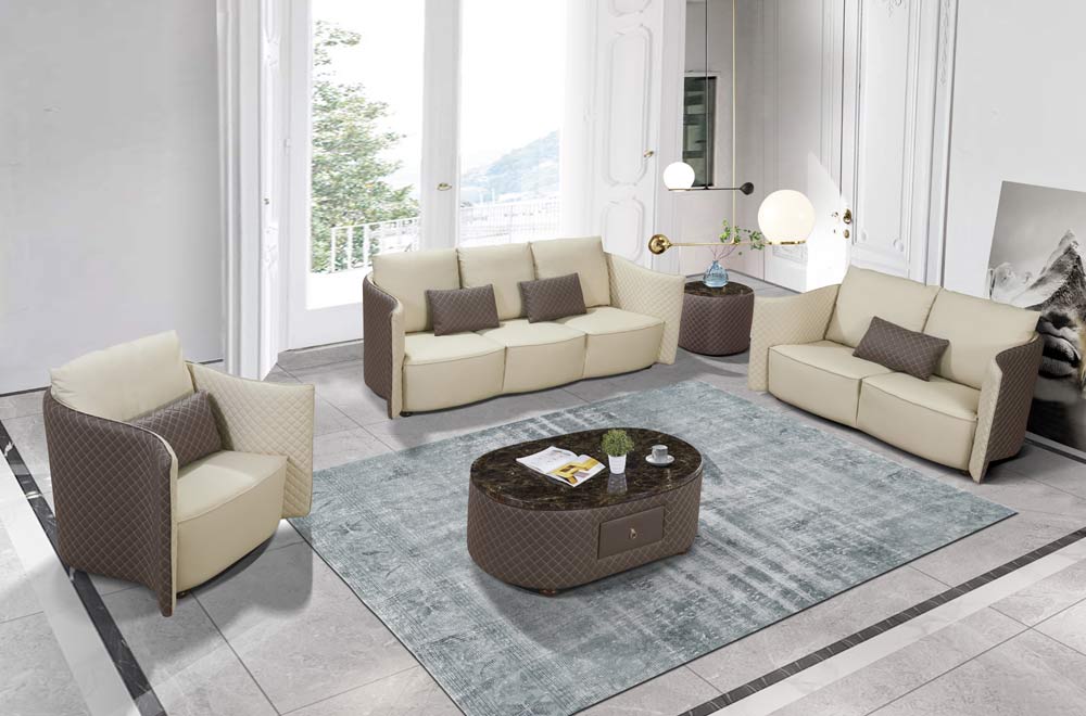 European Furniture - Makassar Loveseat Beige & Taupe Italian Leather - EF-52550-L - GreatFurnitureDeal