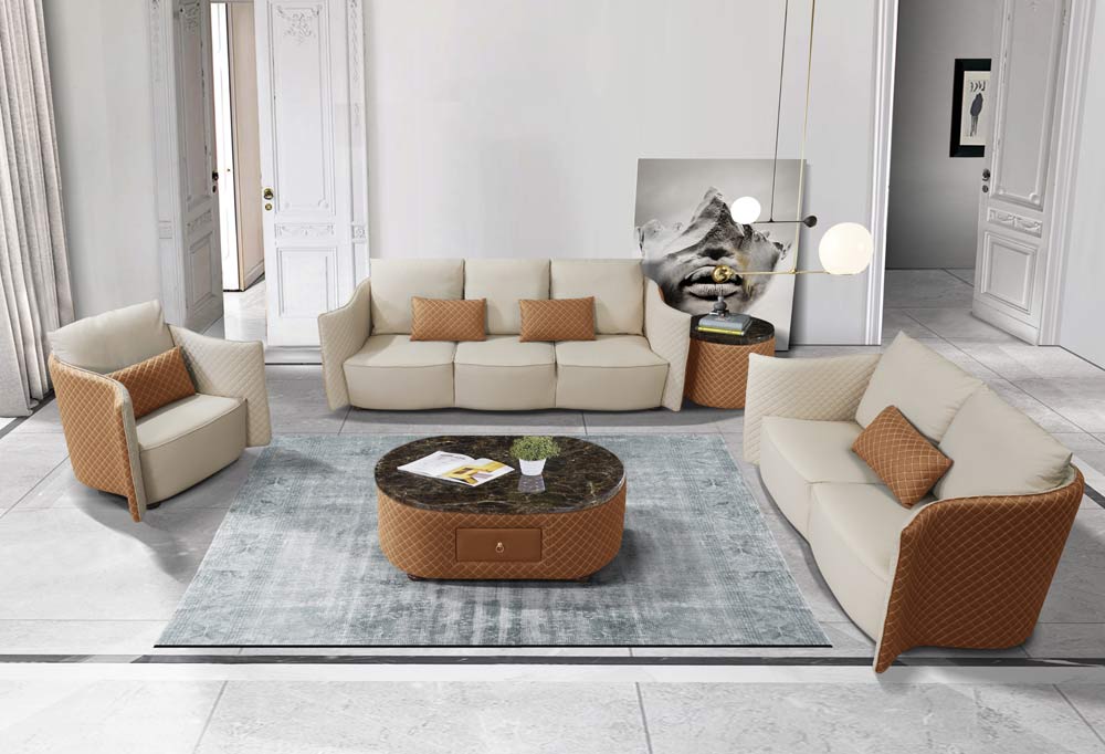 European Furniture - Makassar 3 Piece Sofa Set Beige & Orange Italian Leather - EF-52552