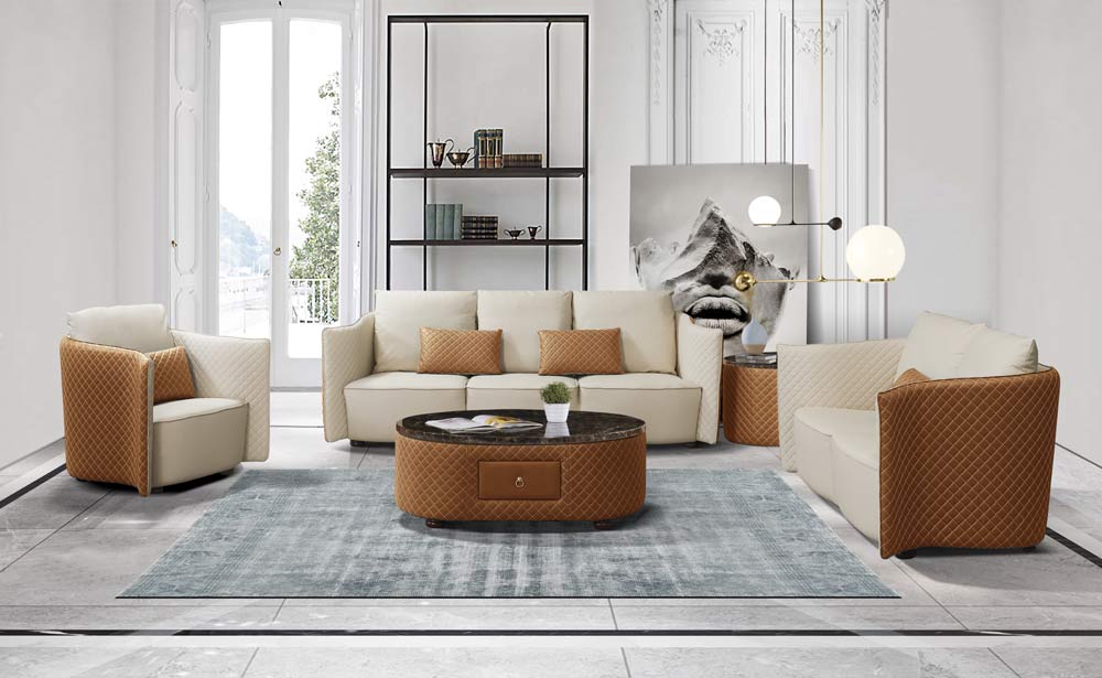 European Furniture - Makassar Sofa Beige & Orange Italian Leather - EF-52552-S - GreatFurnitureDeal