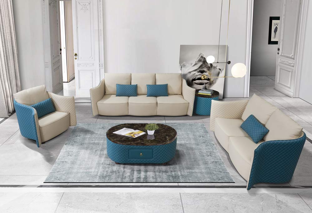 European Furniture - Makassar 3 Piece Sofa Set Beige & Blue Italian Leather - EF-52554 - GreatFurnitureDeal