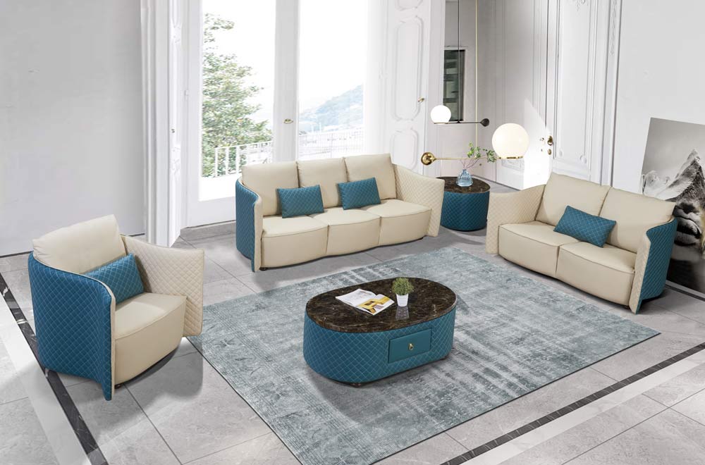 European Furniture - Makassar 3 Piece Sofa Set Beige & Blue Italian Leather - EF-52554 - GreatFurnitureDeal