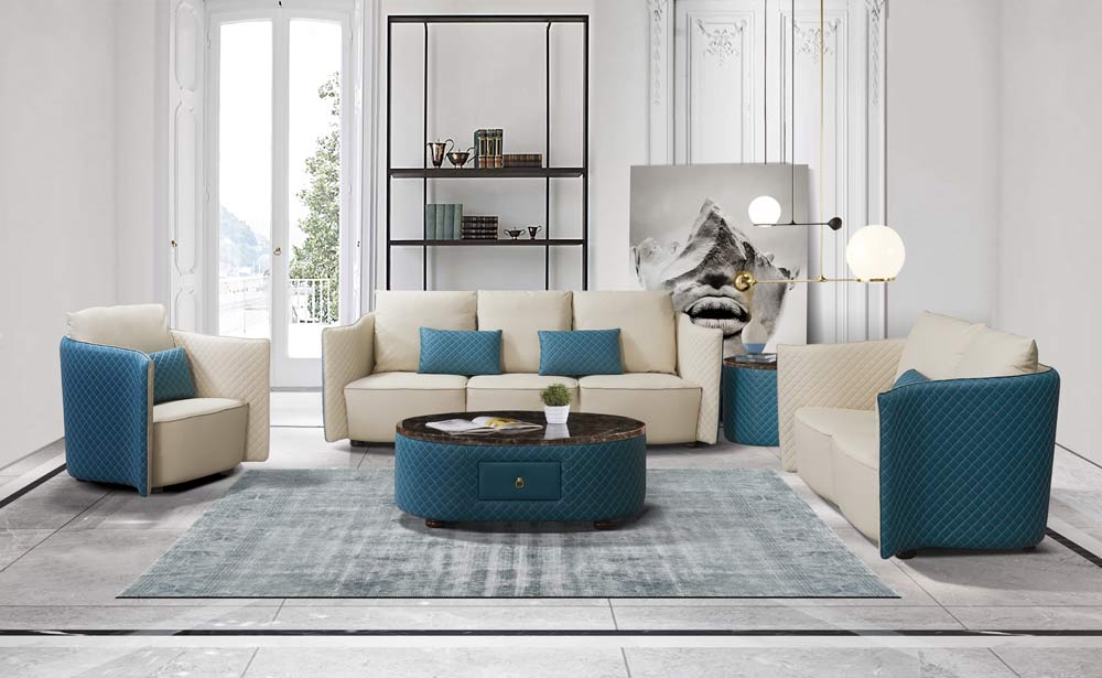 European Furniture - Makassar 3 Piece Sofa Set Beige & Blue Italian Leather - EF-52554