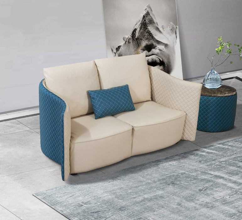European Furniture - Makassar Loveseat Beige & Blue Italian Leather - EF-52554-L