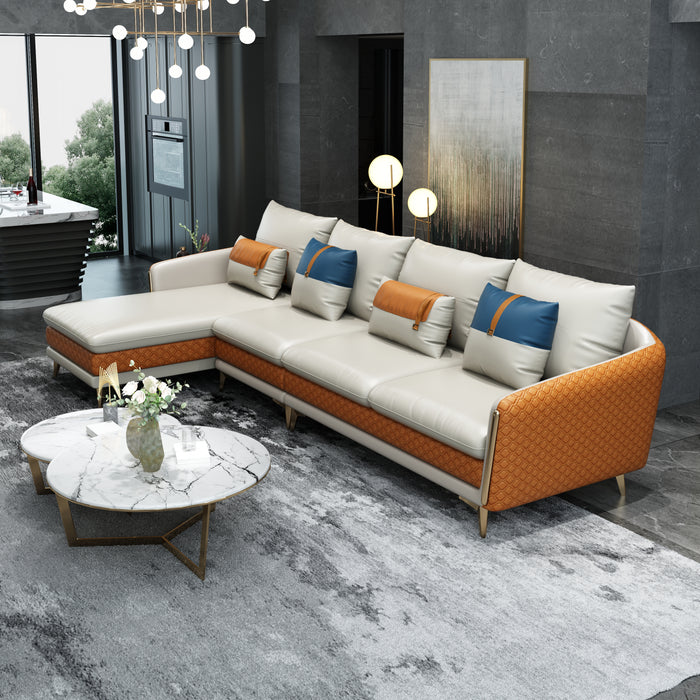 European Furniture - Icaro Mansion LHF Sectional Off White & Orange Italian Leather - EF-64435L-5LHF - GreatFurnitureDeal