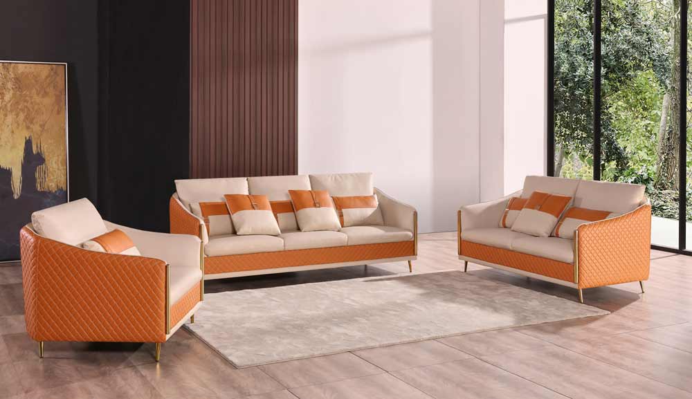 European Furniture - Icaro 3 Piece Sofa Set White-Orange Italian Leather - EF-64455 - GreatFurnitureDeal