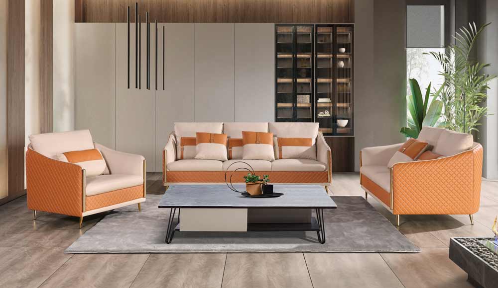 European Furniture - Icaro 3 Piece Sofa Set White-Orange Italian Leather - EF-64455