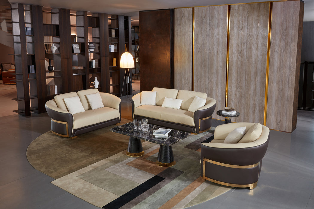 European Furniture - Celine 3 Piece Sofa Set Italian Leather Beige & Chocolate - EF-89951 - GreatFurnitureDeal