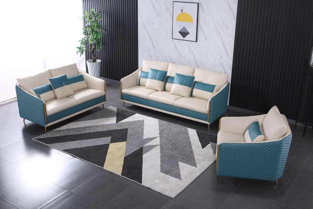 European Furniture - Icaro 3 Piece Sofa Set White-Blue Italian Leather - EF-64457