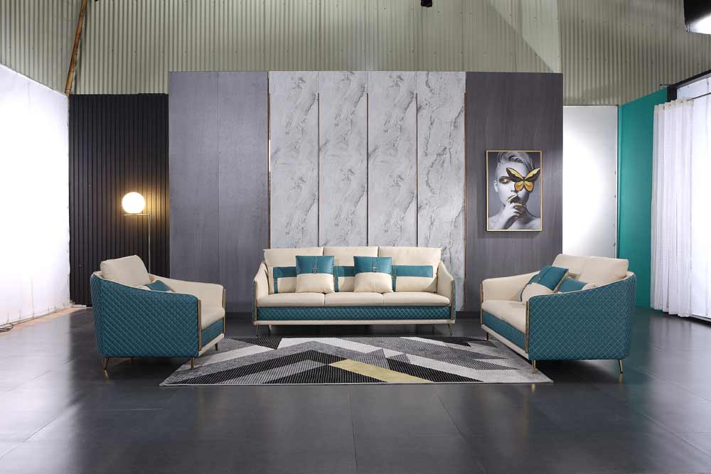 European Furniture - Icaro 3 Piece Sofa Set White-Blue Italian Leather - EF-64457 - GreatFurnitureDeal