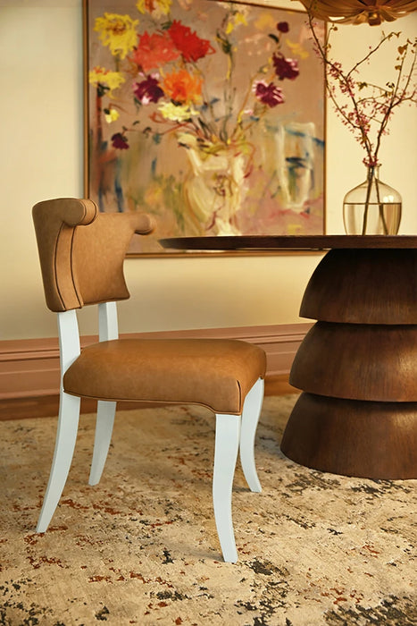Worlds Away - Eloise Round Back Dining Chair With Matte White Lacquer Legs Upholstered In Camel Faux Leather - ELOISE CML