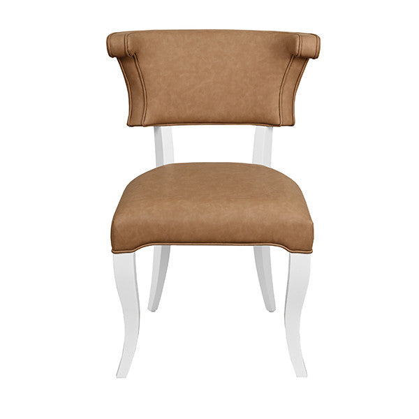 Worlds Away - Eloise Round Back Dining Chair With Matte White Lacquer Legs Upholstered In Camel Faux Leather - ELOISE CML
