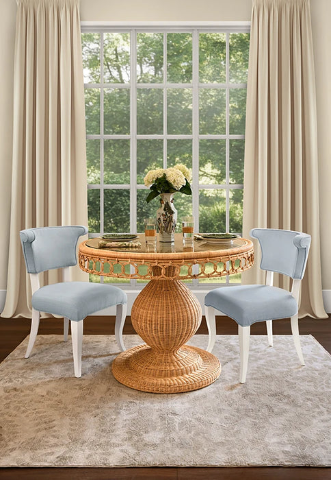Worlds Away - Eloise Round Back Dining Chair With Matte White Lacquer Legs Upholstered In Performance Light Blue Linen - ELOISE LB