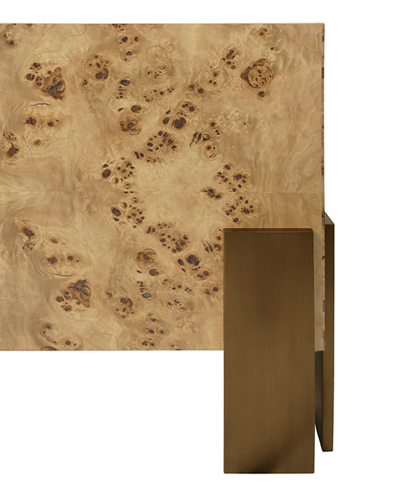 Worlds Away - Enid Square Chunk Coffee Table With Antique Brass Leg Brackets in Burl Wood - ENID BW - GreatFurnitureDeal