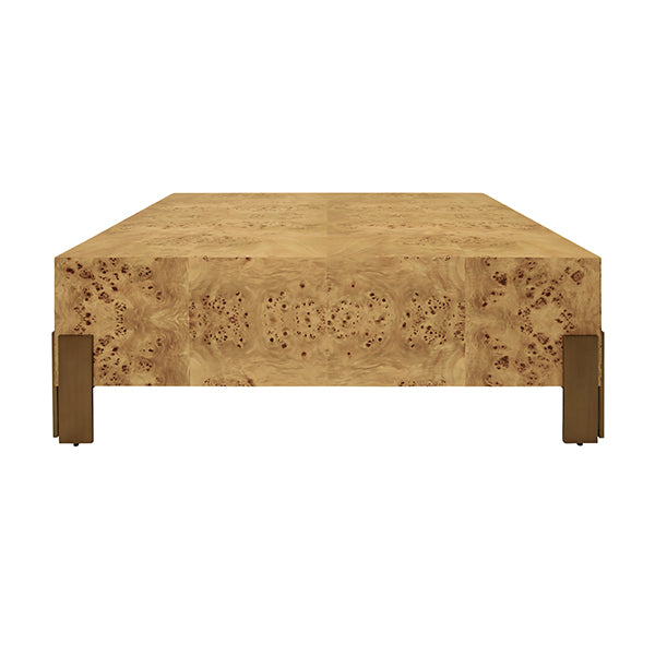 Worlds Away - Enid Square Chunk Coffee Table With Antique Brass Leg Brackets in Burl Wood - ENID BW - GreatFurnitureDeal