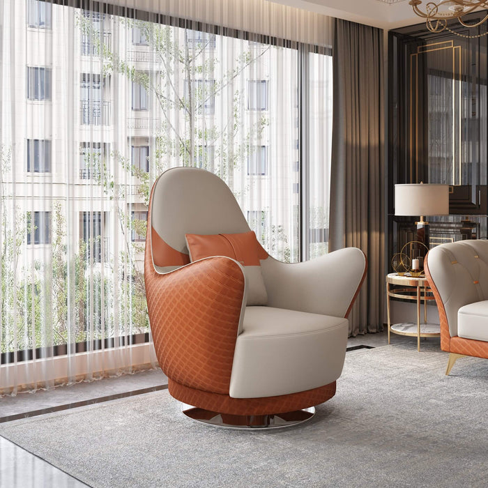 European Furniture - Amalia Swivel Chair Off White-Orange Italian Leather - EF-28040-C - GreatFurnitureDeal