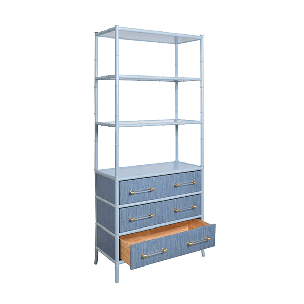 Worlds Away - Three Drawer Etagere With Bamboo Detail In Blue Dyed Grasscloth And Light Blue Matte Lacquer - FLYNN BL - GreatFurnitureDeal
