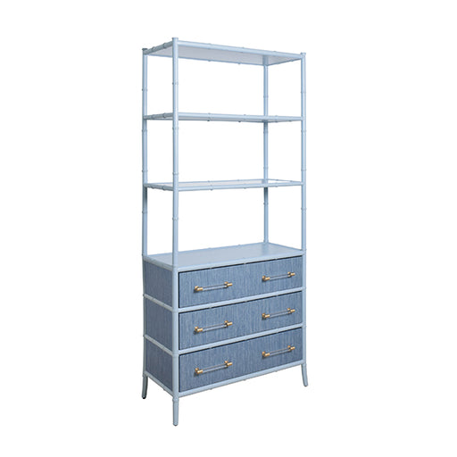 Worlds Away - Three Drawer Etagere With Bamboo Detail In Blue Dyed Grasscloth And Light Blue Matte Lacquer - FLYNN BL - GreatFurnitureDeal