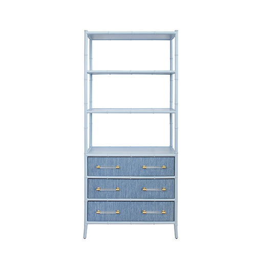 Worlds Away - Three Drawer Etagere With Bamboo Detail In Blue Dyed Grasscloth And Light Blue Matte Lacquer - FLYNN BL - GreatFurnitureDeal