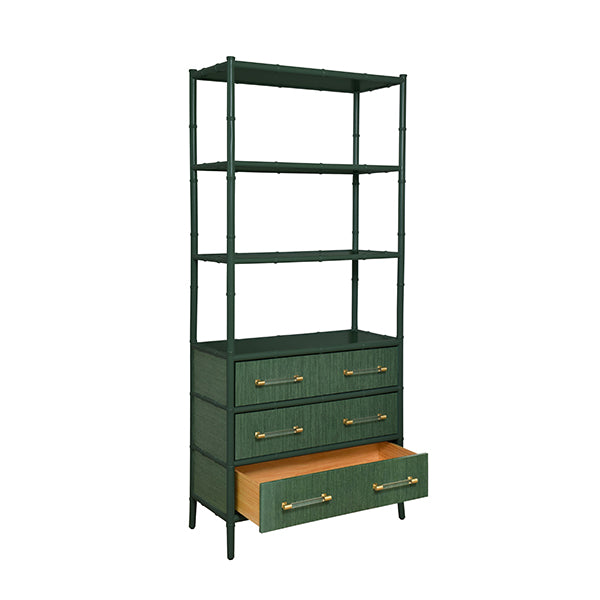 Worlds Away - Three Drawer Etagere With Bamboo Detail In Green Dyed Grasscloth And Dark Green Matte Lacquer - FLYNN GR - GreatFurnitureDeal
