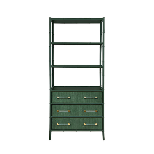 Worlds Away - Three Drawer Etagere With Bamboo Detail In Green Dyed Grasscloth And Dark Green Matte Lacquer - FLYNN GR - GreatFurnitureDeal