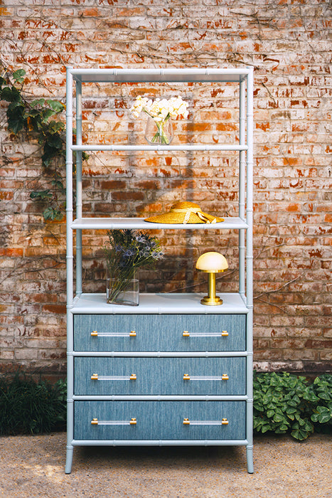 Worlds Away - Three Drawer Etagere With Bamboo Detail In Blue Dyed Grasscloth And Light Blue Matte Lacquer - FLYNN BL - GreatFurnitureDeal
