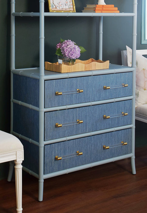 Worlds Away - Three Drawer Etagere With Bamboo Detail In Blue Dyed Grasscloth And Light Blue Matte Lacquer - FLYNN BL - GreatFurnitureDeal