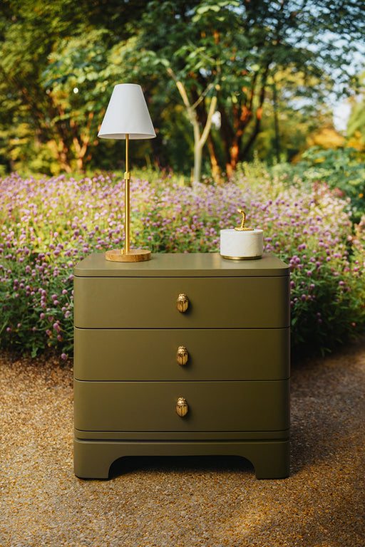 Worlds Away - Three Drawer Rounded Edge Side Table With Brass Beetle Knob In Olive Green Matte Lacquer - FORTUNE OLV - GreatFurnitureDeal