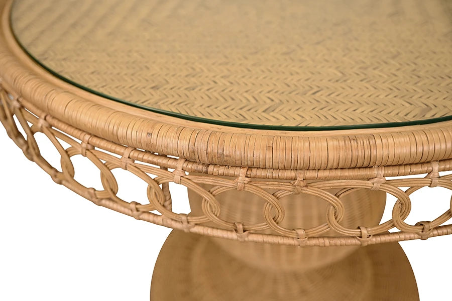 Worlds Away - Gabrielle Round 40" Dia Pedestal Dining Table In Woven Rattan With Decorative Apron And Glass Top - GABRIELLE 40