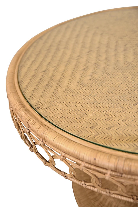 Worlds Away - Gabrielle Round 40" Dia Pedestal Dining Table In Woven Rattan With Decorative Apron And Glass Top - GABRIELLE 40