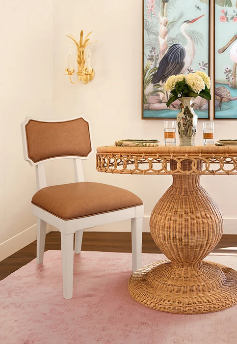 Worlds Away - Hayden Bow Back Dining Chair In Matte White Lacquer With Camel Faux Leather Upholstery - HAYDEN CML