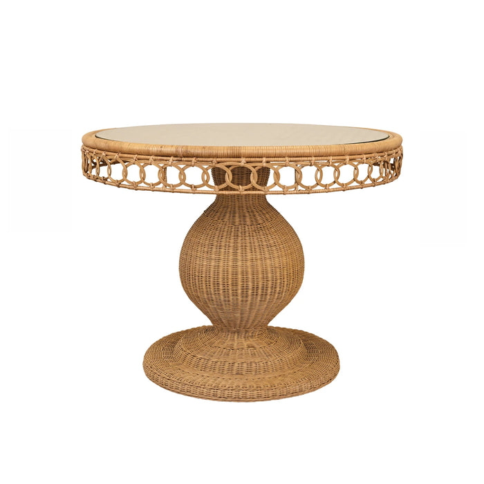 Worlds Away - Gabrielle Round 40" Dia Pedestal Dining Table In Woven Rattan With Decorative Apron And Glass Top - GABRIELLE 40