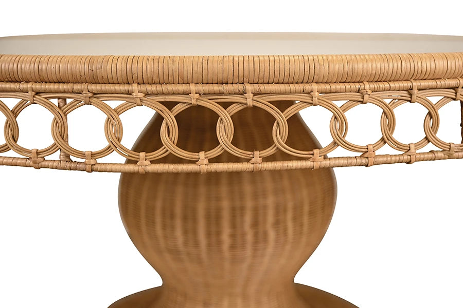 Worlds Away - Gabrielle Round 60" Dia Pedestal Dining Table In Woven Rattan With Decorative Apron And Glass Top - GABRIELLE 60