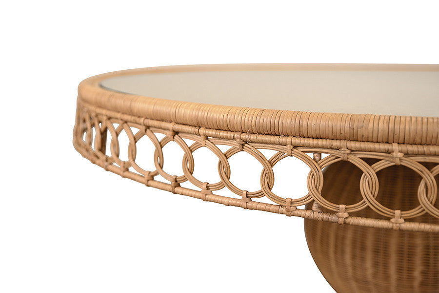 Worlds Away - Gabrielle Round 60" Dia Pedestal Dining Table In Woven Rattan With Decorative Apron And Glass Top - GABRIELLE 60