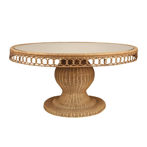 Worlds Away - Gabrielle Round 60" Dia Pedestal Dining Table In Woven Rattan With Decorative Apron And Glass Top - GABRIELLE 60