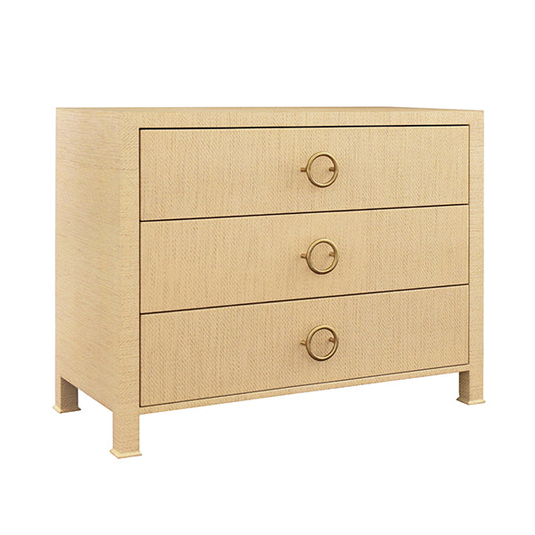 Worlds Away - Three Drawer Chest With Antique Brass Circle Hardware In Natural Grasscloth - GETTY NAT - GreatFurnitureDeal