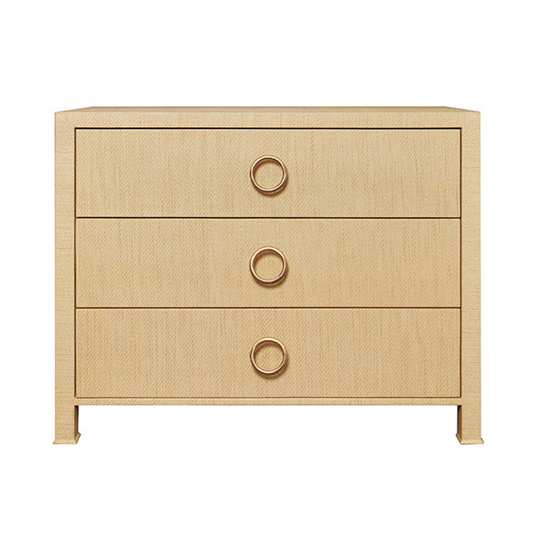 Worlds Away - Three Drawer Chest With Antique Brass Circle Hardware In Natural Grasscloth - GETTY NAT - GreatFurnitureDeal