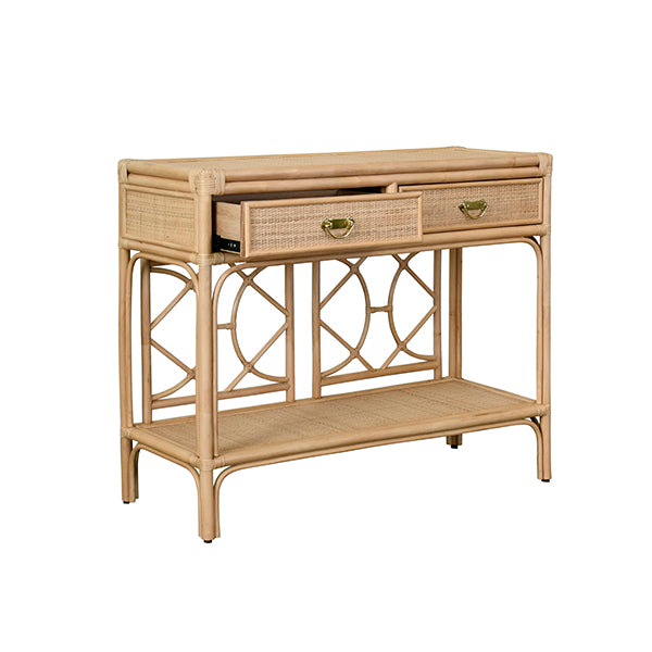 Worlds Away - Gideon Two Drawer Console With Decorative Back in Natural Rattan - GIDEON NAT - GreatFurnitureDeal