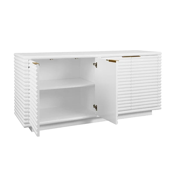 Worlds Away - Giovanni Four Door Large Horizontal Reed Buffet With Antique Brass Hardware In Matte White Lacquer - GIOVANNI WH